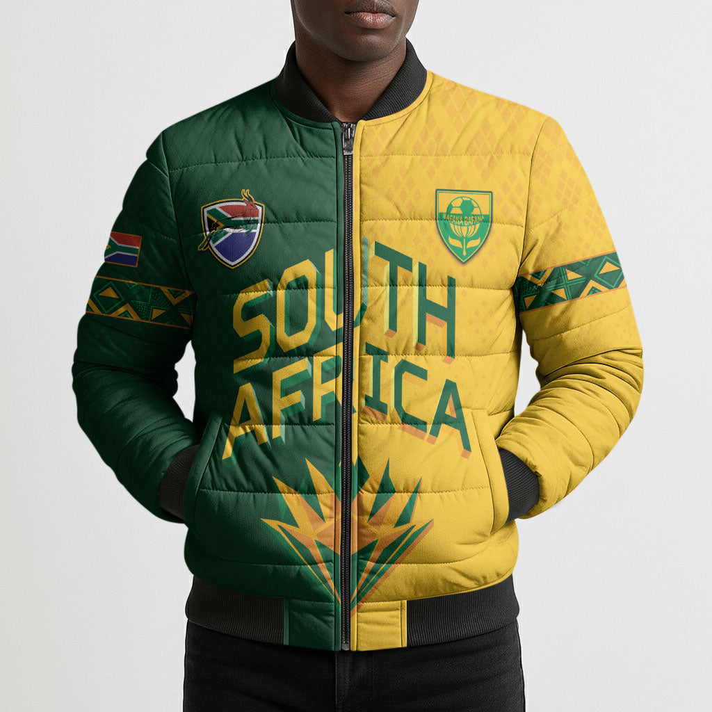 Custom South Africa Football Bomber Puffer Jacket Diamond Protea Flower Symmetrical Style