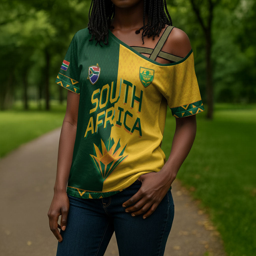 Custom South Africa Football Cross Shoulder Shirt Diamond Protea Flower Symmetrical Style