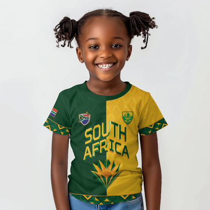 Custom South Africa Football Kid T shirt Diamond Protea Flower Symmetrical Style