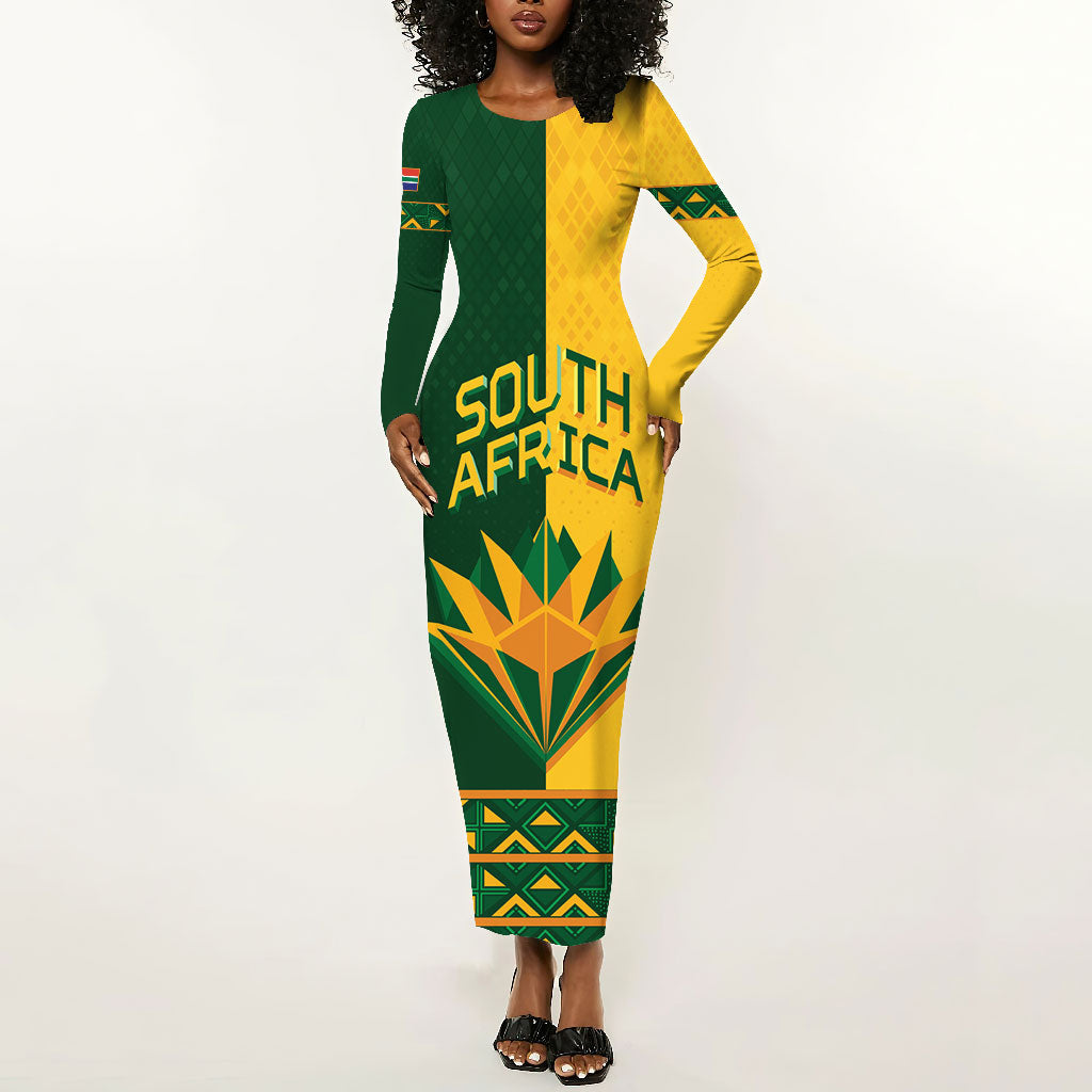 Custom South Africa Football Long Sleeve Bodycon Dress Diamond Protea Flower Symmetrical Style
