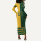 Custom South Africa Football Long Sleeve Bodycon Dress Diamond Protea Flower Symmetrical Style