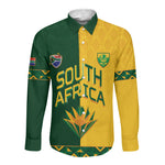 Custom South Africa Football Long Sleeve Button Shirt Diamond Protea Flower Symmetrical Style
