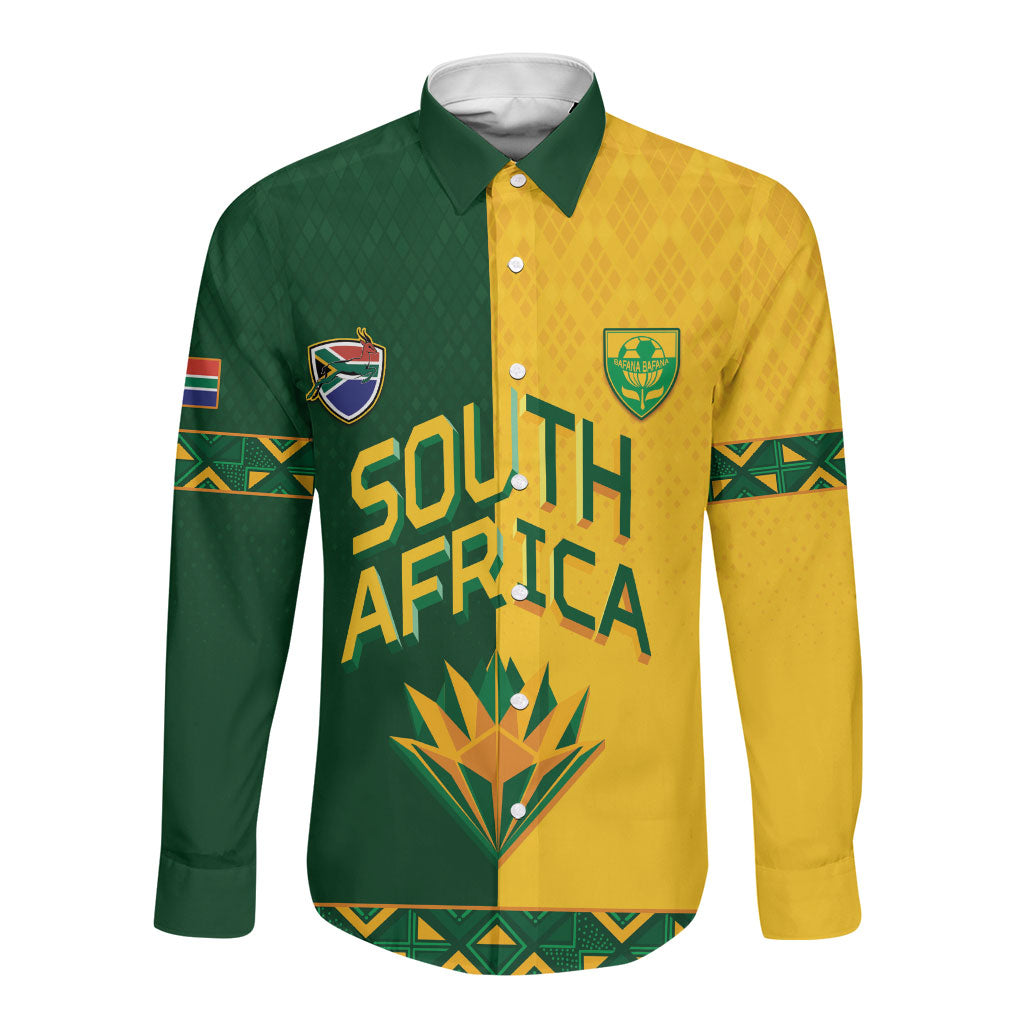 Custom South Africa Football Long Sleeve Button Shirt Diamond Protea Flower Symmetrical Style