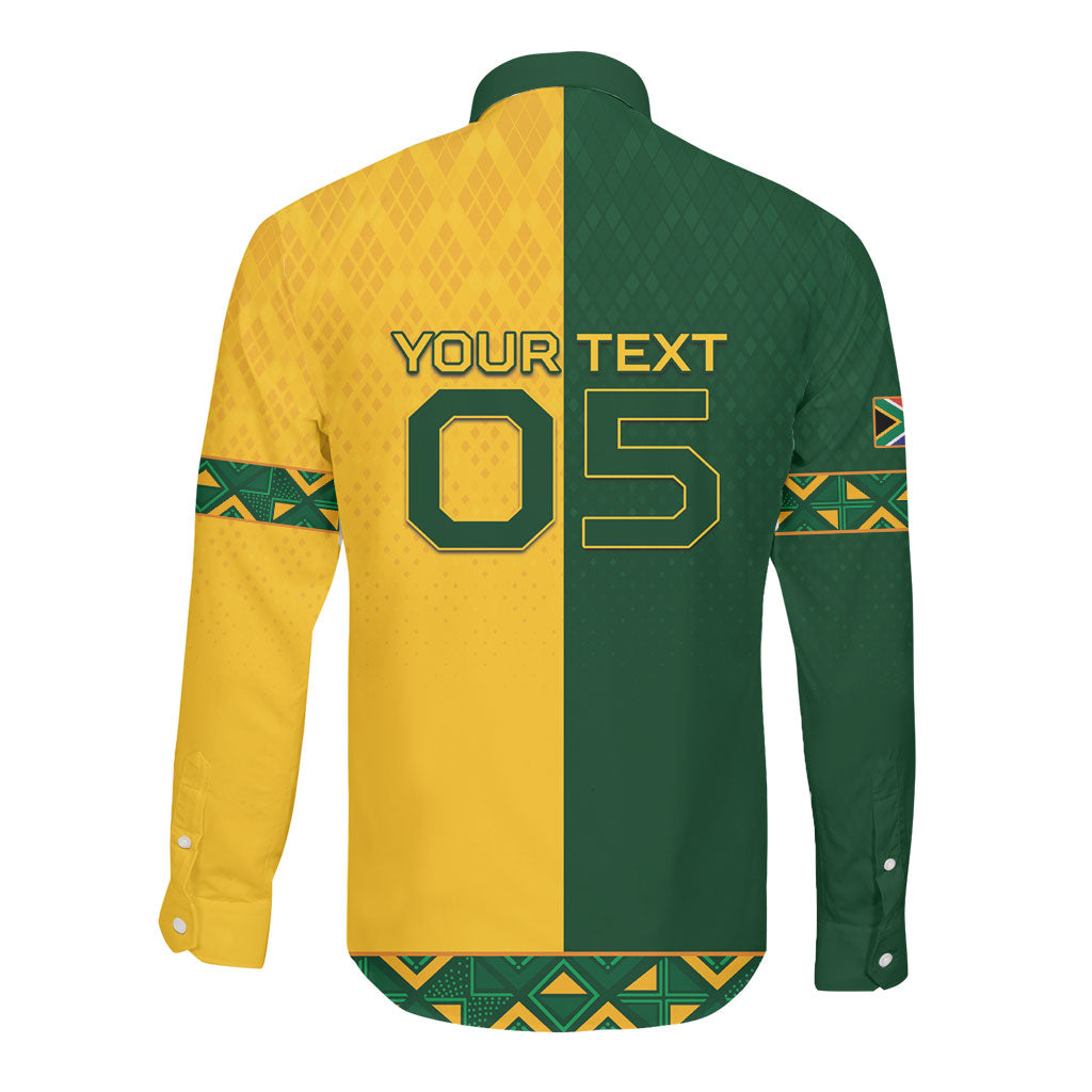 Custom South Africa Football Long Sleeve Button Shirt Diamond Protea Flower Symmetrical Style