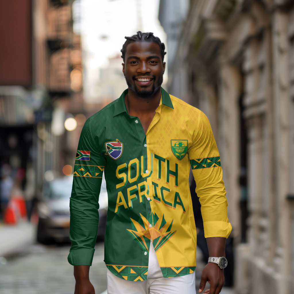 Custom South Africa Football Long Sleeve Button Shirt Diamond Protea Flower Symmetrical Style