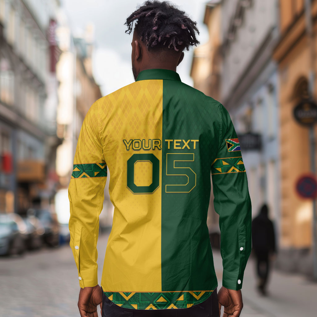 Custom South Africa Football Long Sleeve Button Shirt Diamond Protea Flower Symmetrical Style