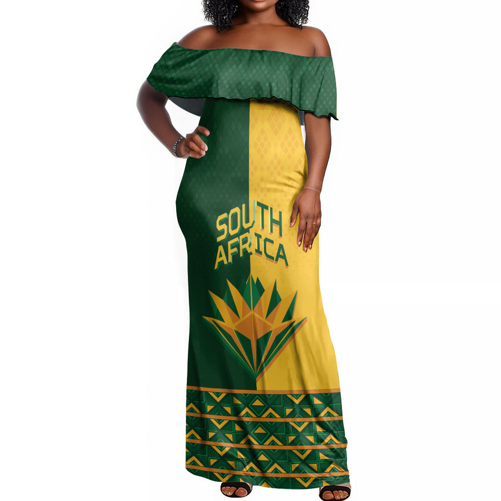 Custom South Africa Football Off Shoulder Maxi Dress Diamond Protea Flower Symmetrical Style