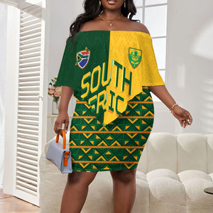 Custom South Africa Football Off Shoulder Short Dress Diamond Protea Flower Symmetrical Style