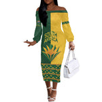 Custom South Africa Football Off The Shoulder Long Sleeve Dress Diamond Protea Flower Symmetrical Style