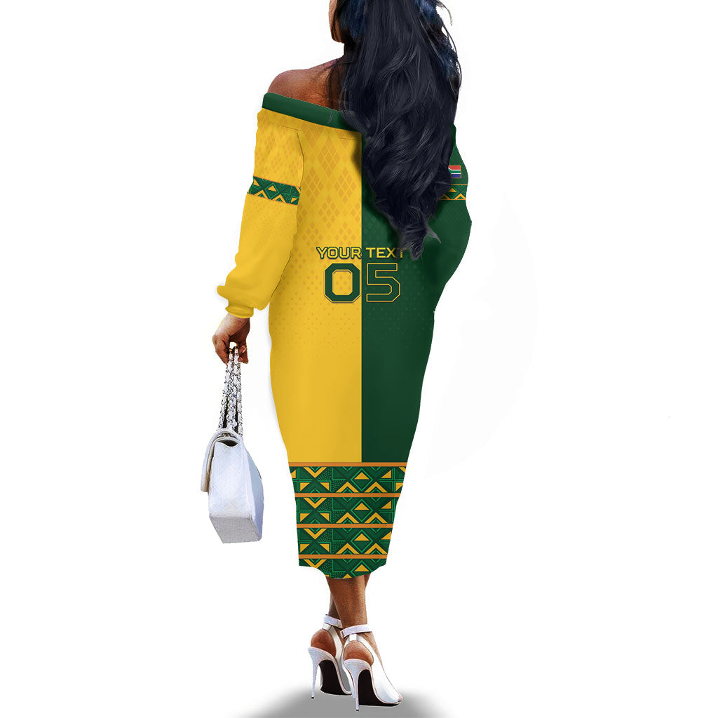 Custom South Africa Football Off The Shoulder Long Sleeve Dress Diamond Protea Flower Symmetrical Style