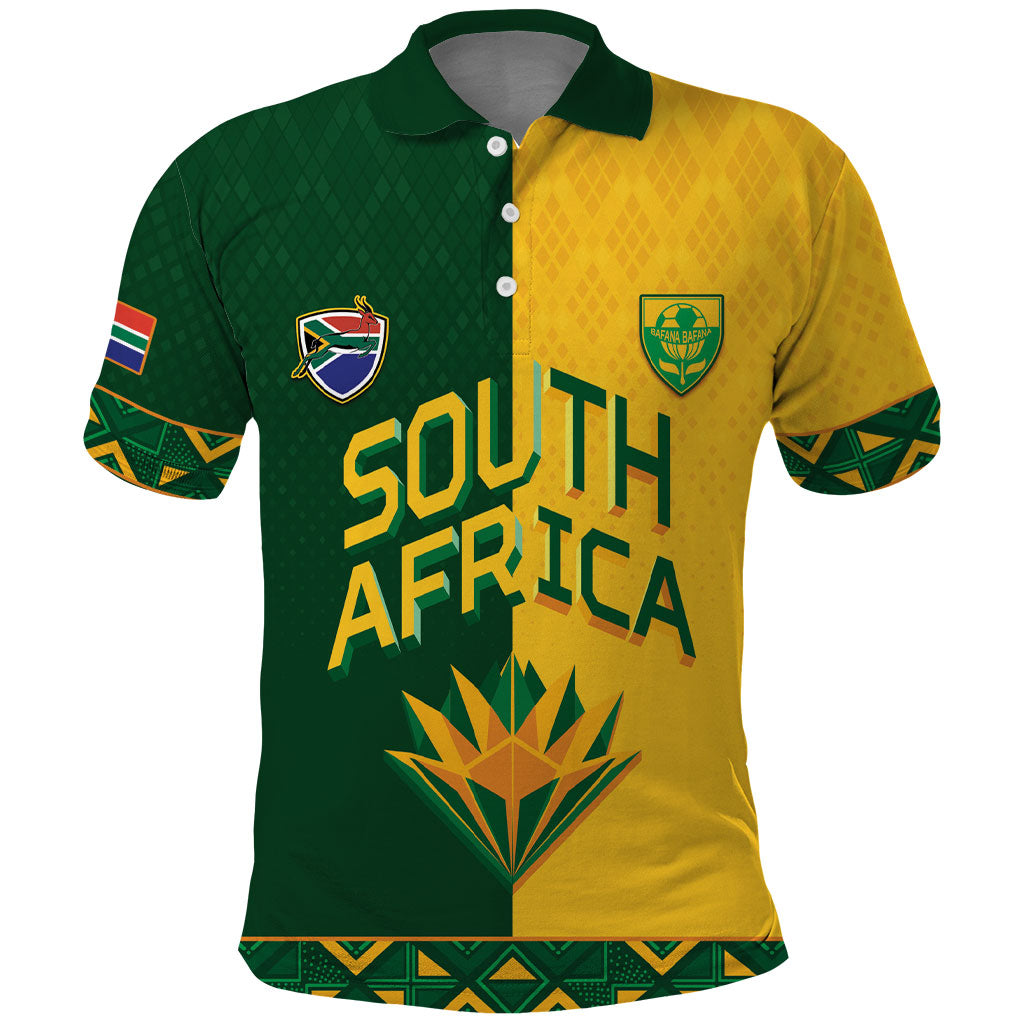 Custom South Africa Football Polo Shirt Diamond Protea Flower Symmetrical Style