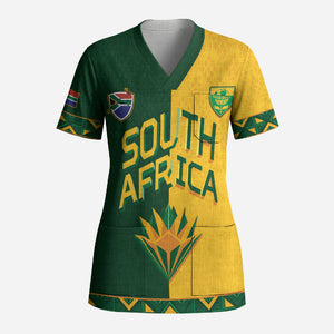 Custom South Africa Football Scrub Top Diamond Protea Flower Symmetrical Style