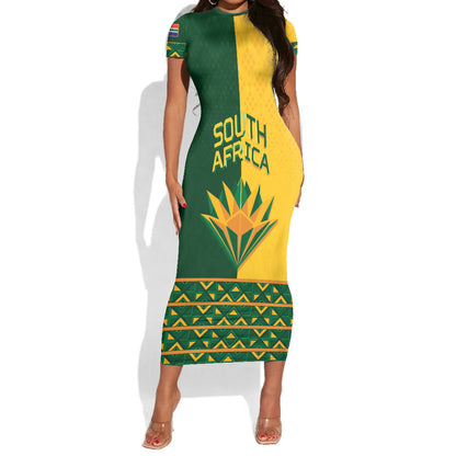 Custom South Africa Football Short Sleeve Bodycon Dress Diamond Protea Flower Symmetrical Style