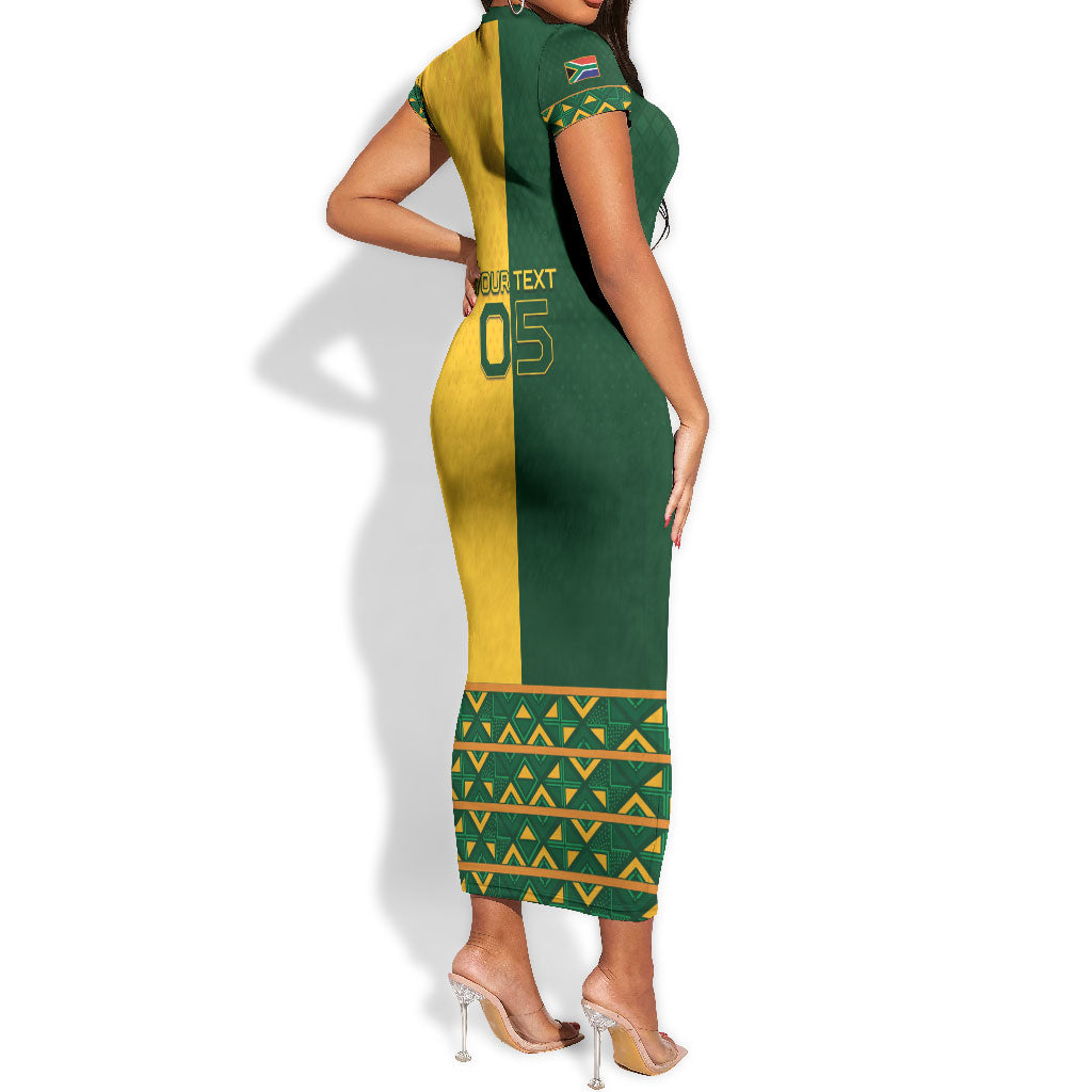 Custom South Africa Football Short Sleeve Bodycon Dress Diamond Protea Flower Symmetrical Style