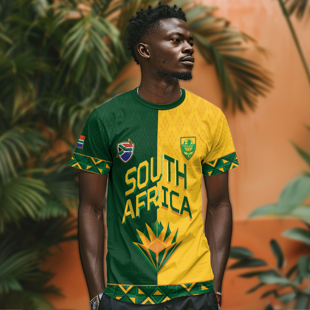 Custom South Africa Football T shirt Diamond Protea Flower Symmetrical Style
