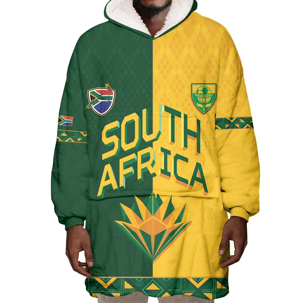 Custom South Africa Football Wearable Blanket Hoodie Diamond Protea Flower Symmetrical Style