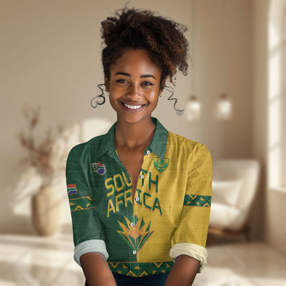Custom South Africa Football Women Casual Shirt Diamond Protea Flower Symmetrical Style