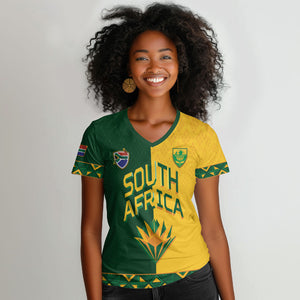 Custom South Africa Football Women V-Neck T-Shirt Diamond Protea Flower Symmetrical Style