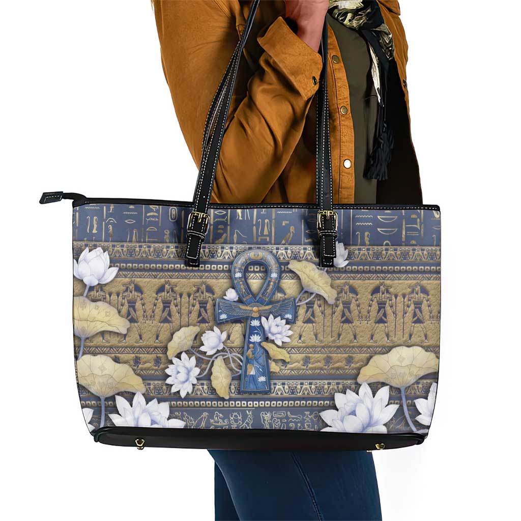 Ankh Egypt Leather Tote Bag Egyptian Lotus Flowers