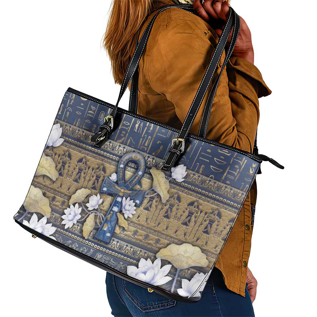 Ankh Egypt Leather Tote Bag Egyptian Lotus Flowers