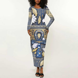 Ankh Egypt Long Sleeve Bodycon Dress Egyptian Lotus Flowers