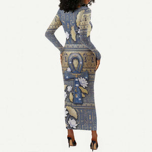 Ankh Egypt Long Sleeve Bodycon Dress Egyptian Lotus Flowers