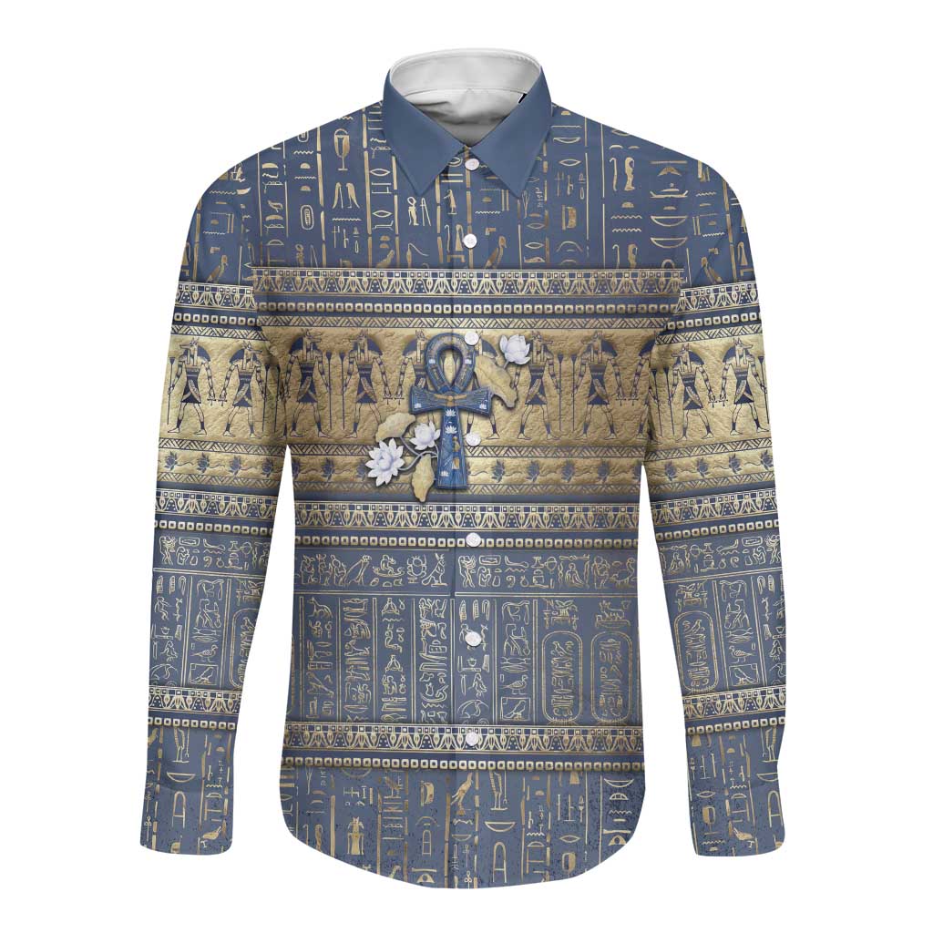 Ankh Egypt Long Sleeve Button Shirt Egyptian Lotus Flowers