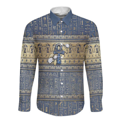 Ankh Egypt Long Sleeve Button Shirt Egyptian Lotus Flowers