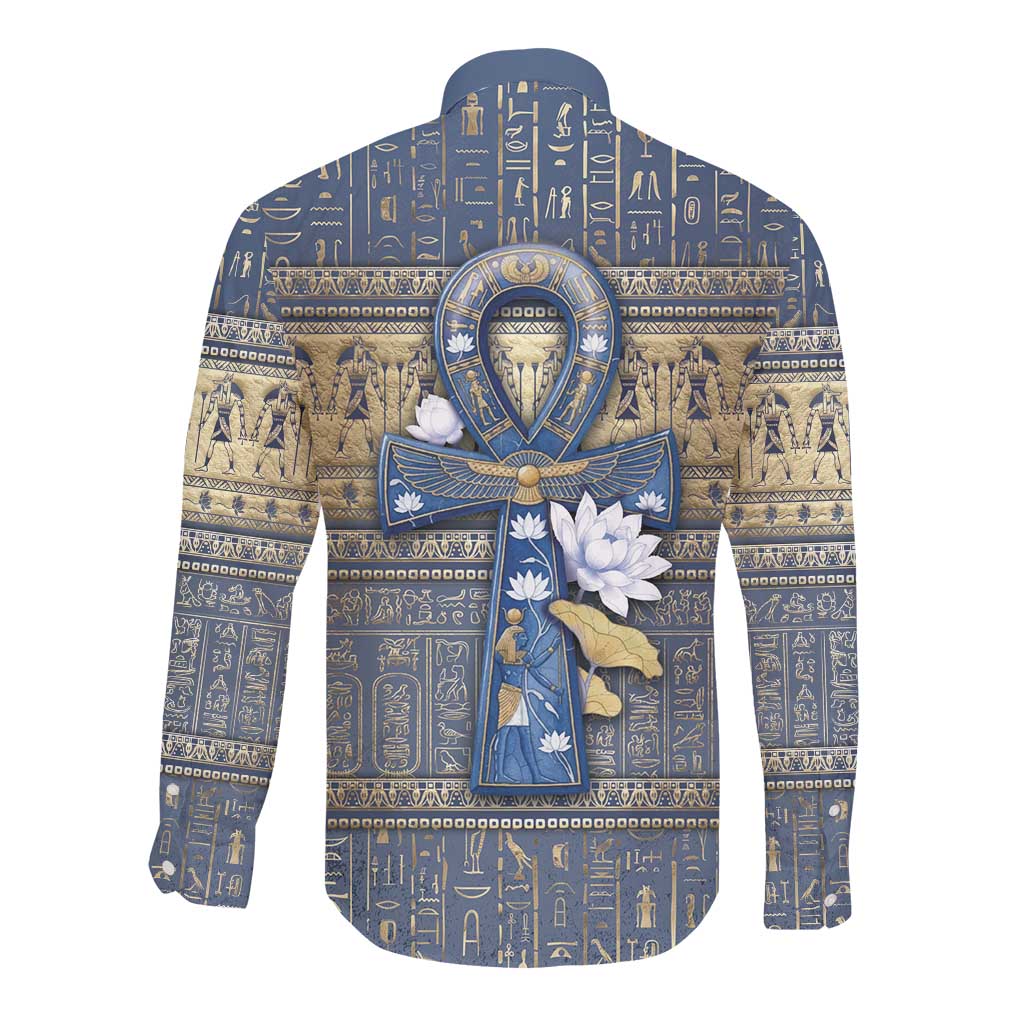 Ankh Egypt Long Sleeve Button Shirt Egyptian Lotus Flowers