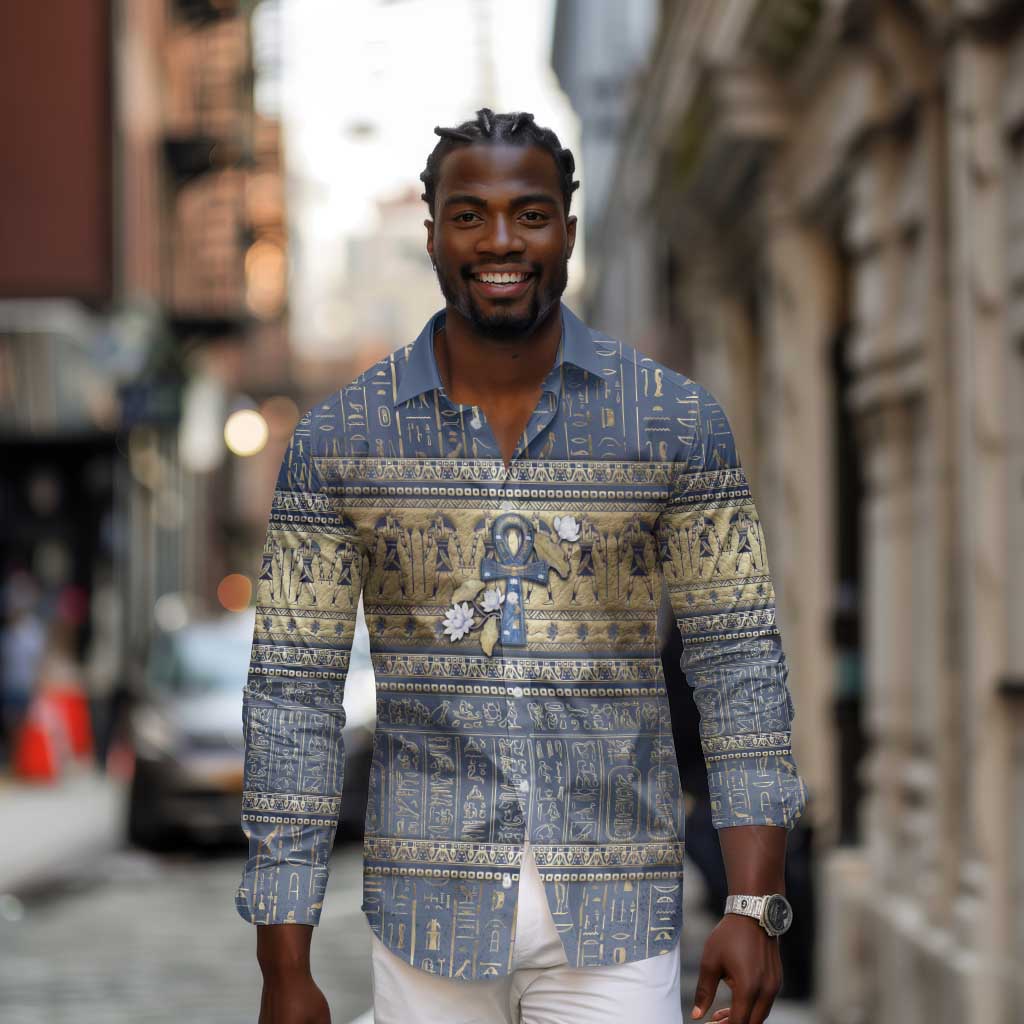 Ankh Egypt Long Sleeve Button Shirt Egyptian Lotus Flowers