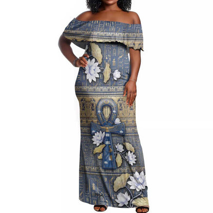 Ankh Egypt Off Shoulder Maxi Dress Egyptian Lotus Flowers