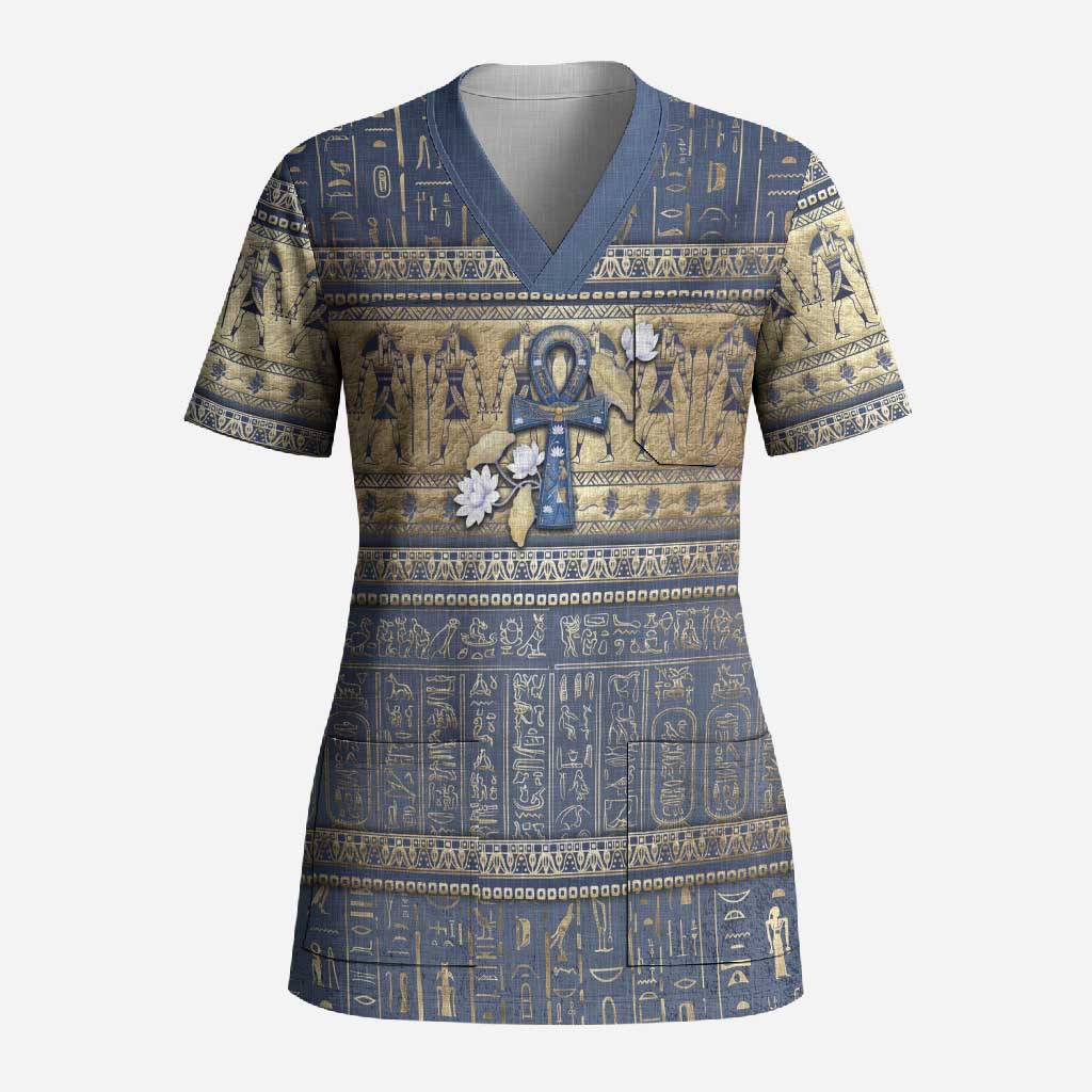 Ankh Egypt Scrub Top Egyptian Lotus Flowers