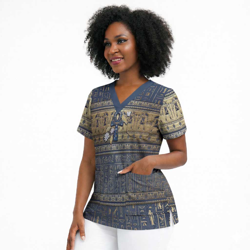 Ankh Egypt Scrub Top Egyptian Lotus Flowers