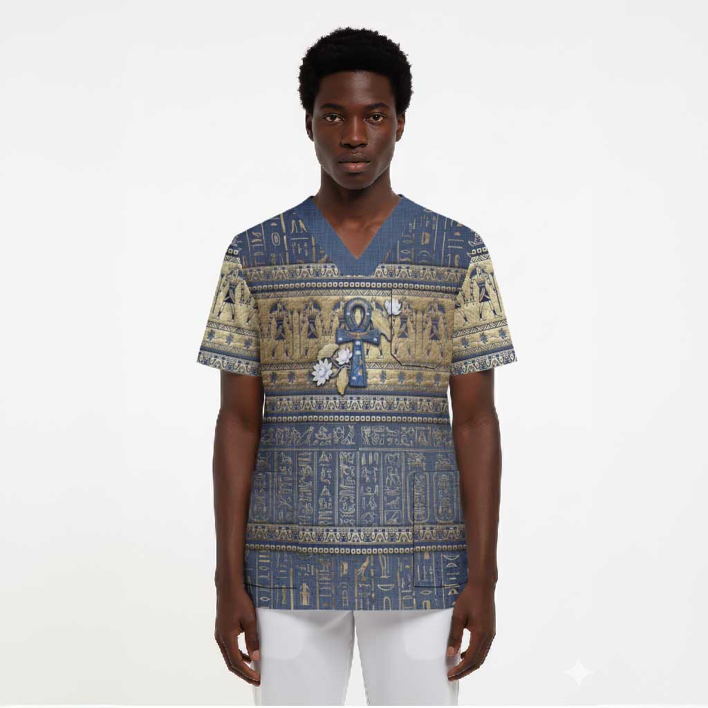 Ankh Egypt Scrub Top Egyptian Lotus Flowers