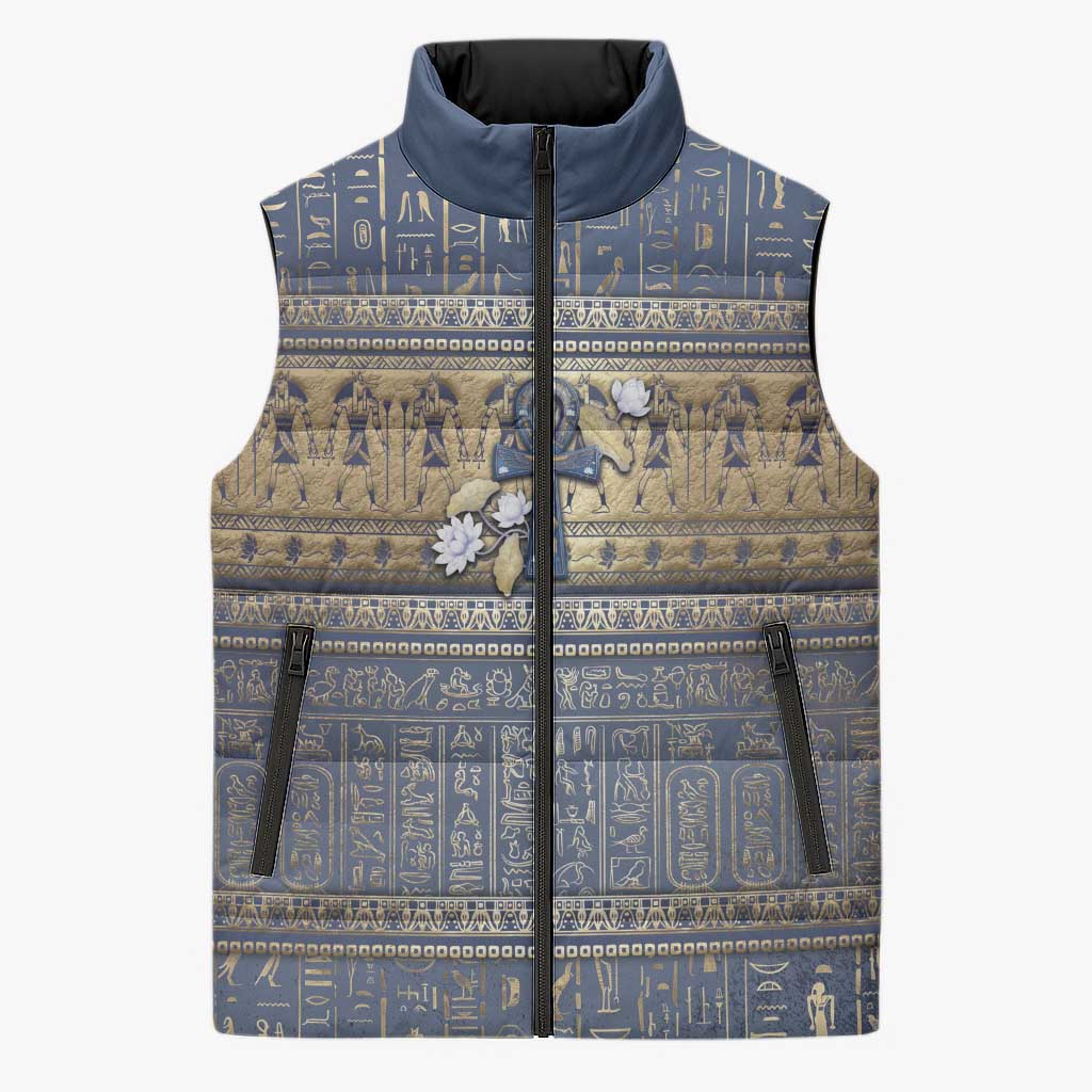 Ankh Egypt Sleeveless Puffer Jacket Egyptian Lotus Flowers