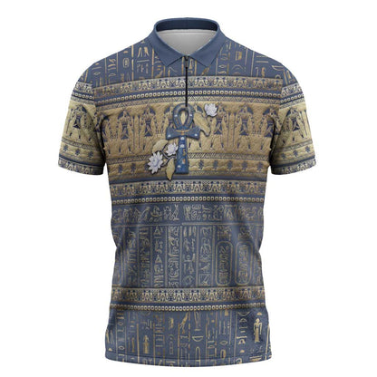 Ankh Egypt Zipper Polo Shirt Egyptian Lotus Flowers