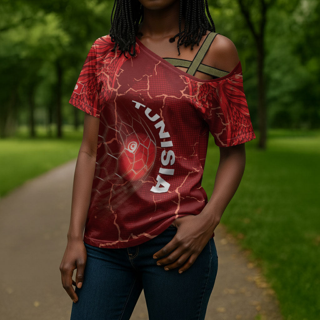 Custom Tunisia Football Cross Shoulder Shirt Eagle Cracked Texture Athletic