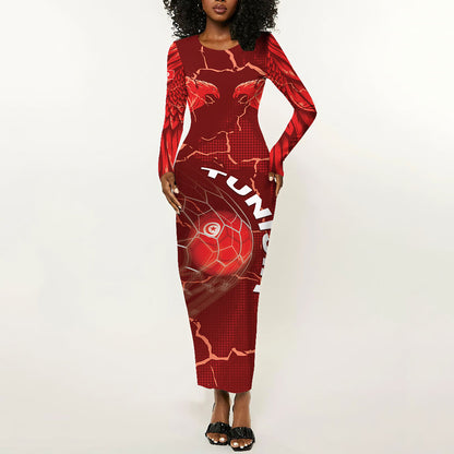Custom Tunisia Football Long Sleeve Bodycon Dress Eagle Cracked Texture Athletic