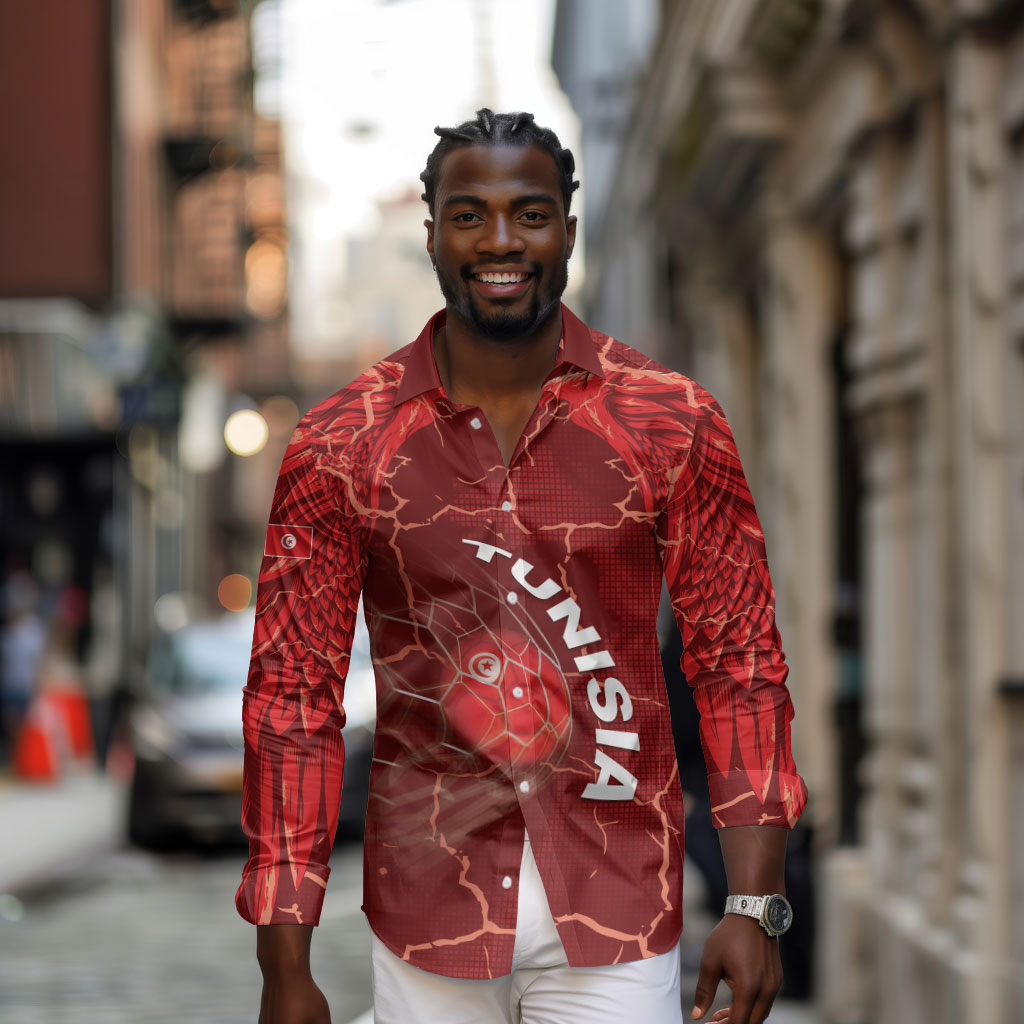 Custom Tunisia Football Long Sleeve Button Shirt Eagle Cracked Texture Athletic