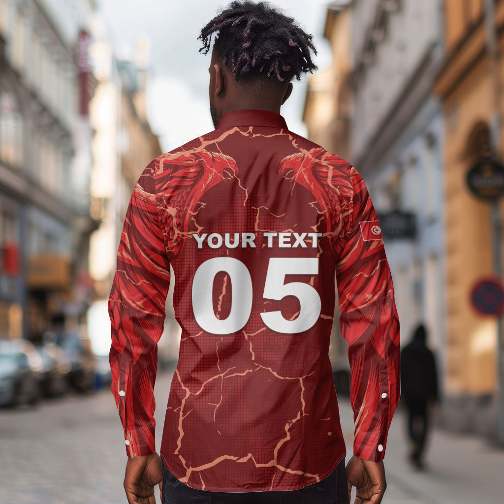 Custom Tunisia Football Long Sleeve Button Shirt Eagle Cracked Texture Athletic