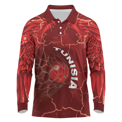 Custom Tunisia Football Long Sleeve Polo Shirt Eagle Cracked Texture Athletic