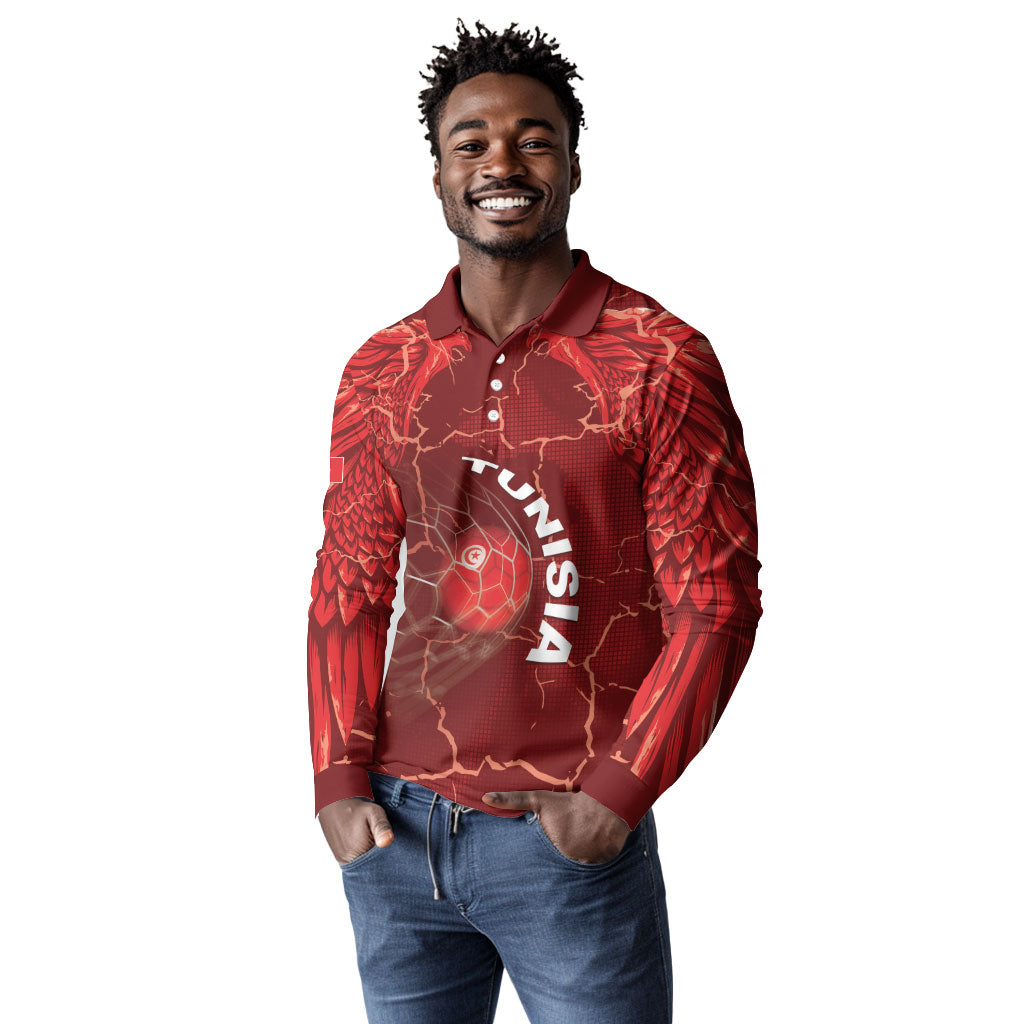 Custom Tunisia Football Long Sleeve Polo Shirt Eagle Cracked Texture Athletic