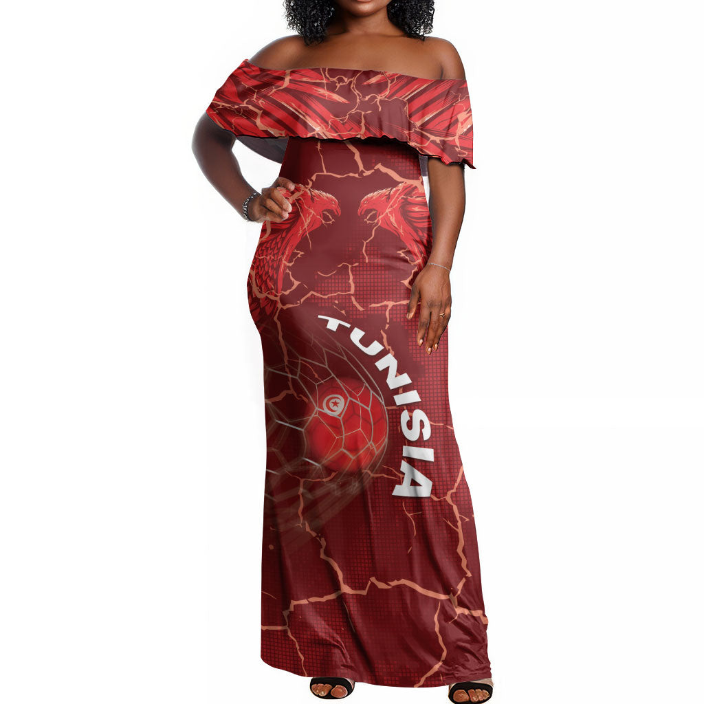 Custom Tunisia Football Off Shoulder Maxi Dress Eagle Cracked Texture Athletic
