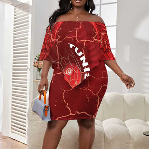 Custom Tunisia Football Off Shoulder Short Dress Eagle Cracked Texture Athletic