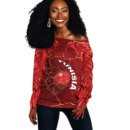 Custom Tunisia Football Off Shoulder Sweater Eagle Cracked Texture Athletic