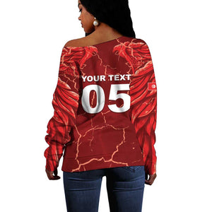 Custom Tunisia Football Off Shoulder Sweater Eagle Cracked Texture Athletic