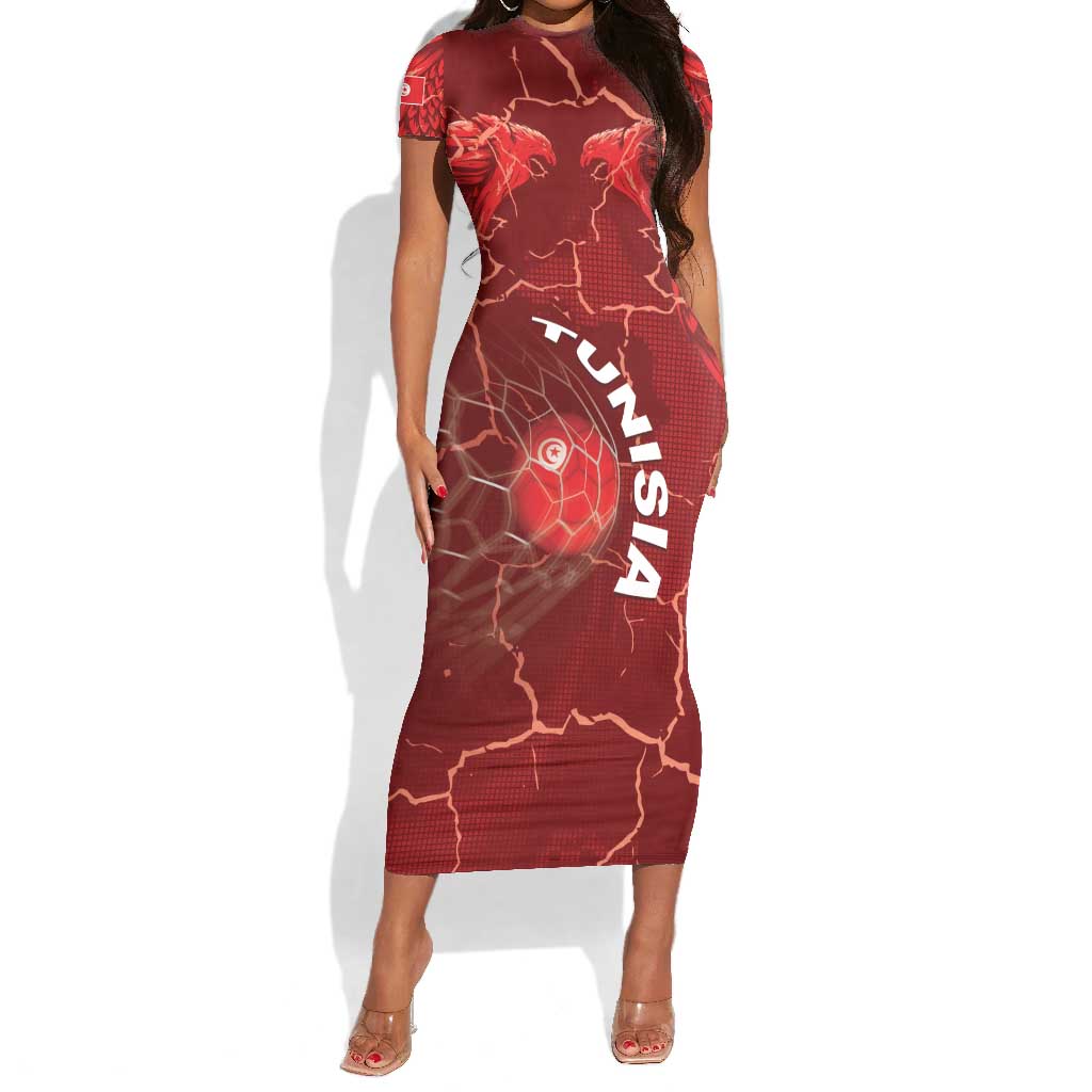 Custom Tunisia Football Short Sleeve Bodycon Dress Eagle Cracked Texture Athletic