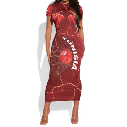 Custom Tunisia Football Short Sleeve Bodycon Dress Eagle Cracked Texture Athletic