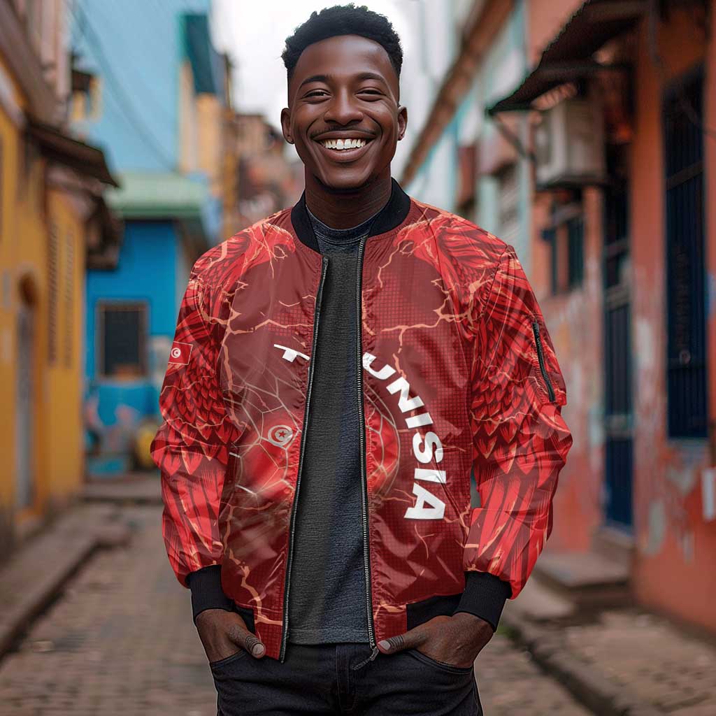 Custom Tunisia Football Sleeve Zip Bomber Jacket Eagle Cracked Texture Athletic