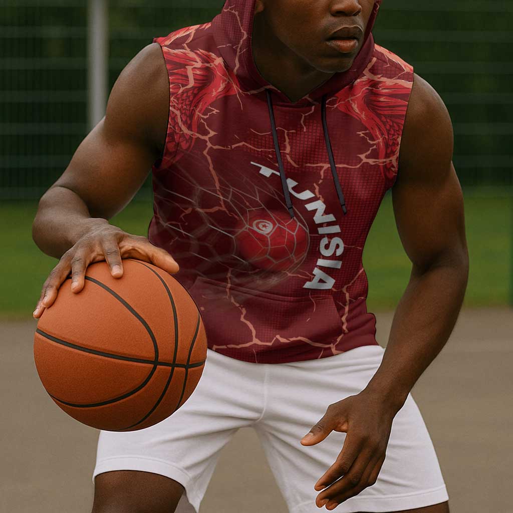 Custom Tunisia Football Sleeveless Hoodie Eagle Cracked Texture Athletic